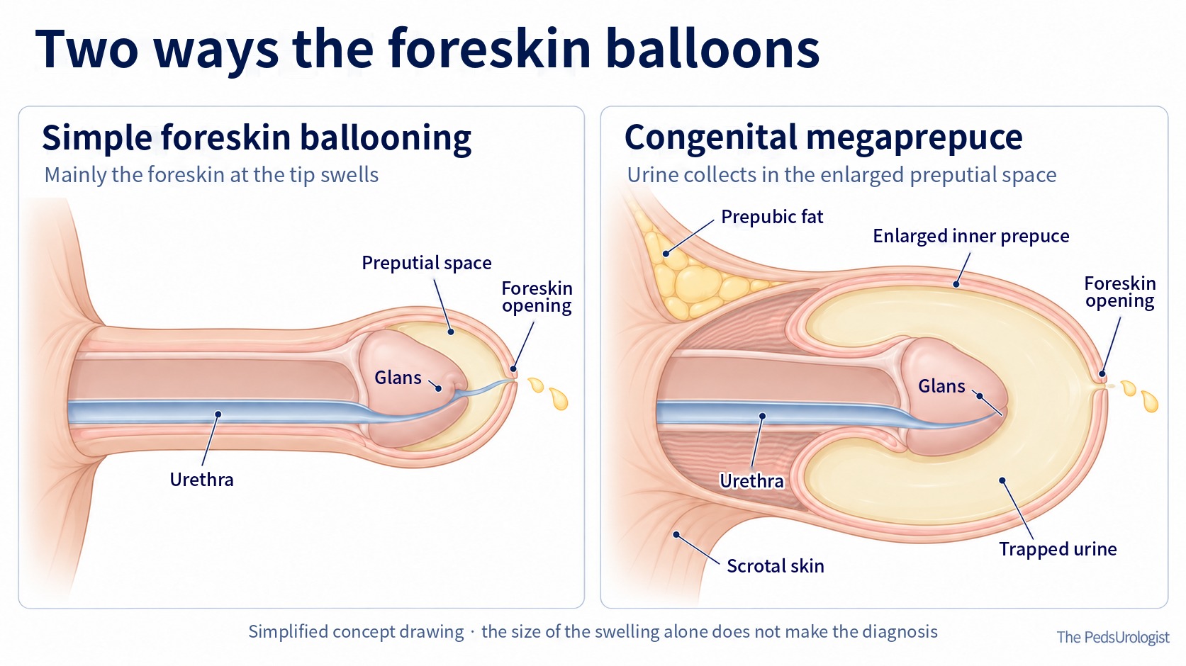 Side cross-sections comparing simple foreskin ballooning and congenital megaprepuce. The urethra is distinguished from the urine-filled preputial space, and on the right the skin is shown continuing upward into the prepubic fat and downward into the scrotal skin.