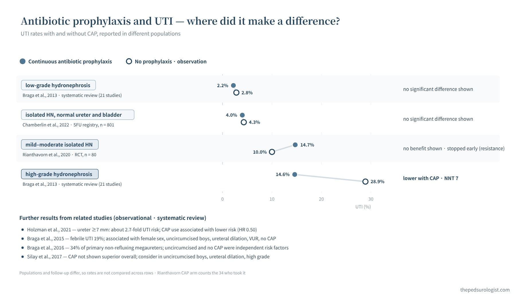 Dot plot comparing UTI rates in antibiotic prophylaxis and no-prophylaxis groups by study. Braga 2013 low grade 2.2% vs 2.8%, Chamberlin 2022 4.0% vs 4.3%, Rianthavorn 2020 14.7% vs 10.0%, Braga 2013 high grade 14.6% vs 28.9%. Below, the association findings of Holzman 2021, Braga 2015, Braga 2016 and Silay 2017 are summarized