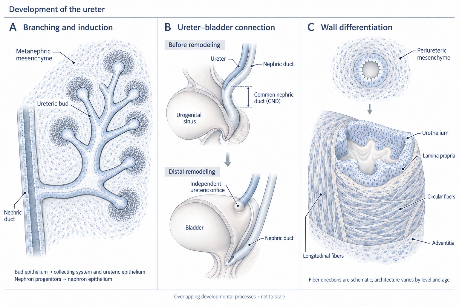 Three-panel illustration of ureteral development. A shows the ureteric bud arising from the mesonephric duct and branching within the metanephric mesenchyme, with condensed mesenchyme surrounding the branch tips; B shows the common nephric duct (CND) between the ureteric bud and the urogenital sinus before remodeling, and, after distal remodeling, the ureteral orifice opening separately into the bladder and the mesonephric duct displaced caudally; C shows the ureteral wall, in which periureteral mesenchyme has differentiated around the urothelium into lamina propria, circular muscle fibers, longitudinal muscle fibers and adventitia