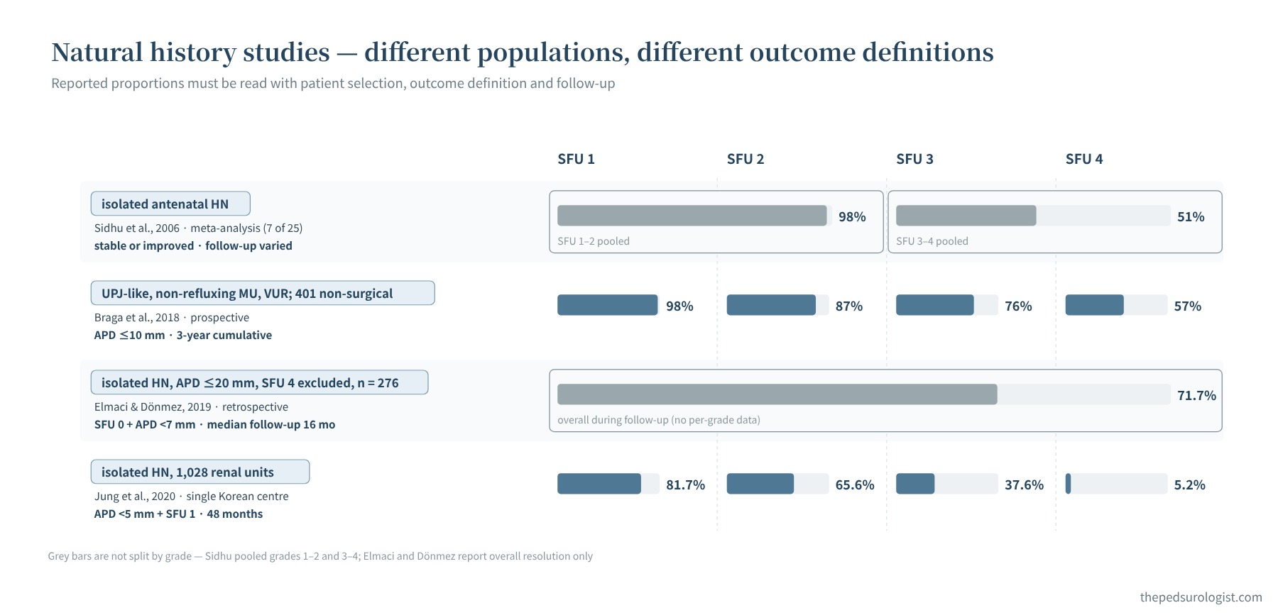 Summary of four natural history studies showing population, outcome definition, time of assessment and proportions reported by SFU grade. Sidhu 2006 grades 1–2 98%, grades 3–4 51% (stable or improved); Braga 2018 98, 87, 76, 57%; Elmaci and Dönmez 2019 overall 71.7%; Jung 2020 81.7, 65.6, 37.6, 5.2%
