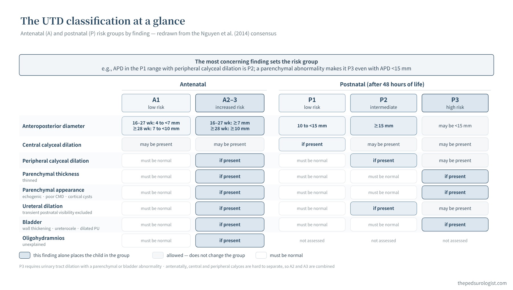 The UTD classification arranged as a grid by finding. For the five risk groups (prenatal A1 and A2–3, postnatal P1, P2 and P3), criteria are shown for anteroposterior renal pelvic diameter, central calyceal dilation, peripheral calyceal dilation, parenchymal thickness, parenchymal appearance, ureteral dilation, bladder and oligohydramnios