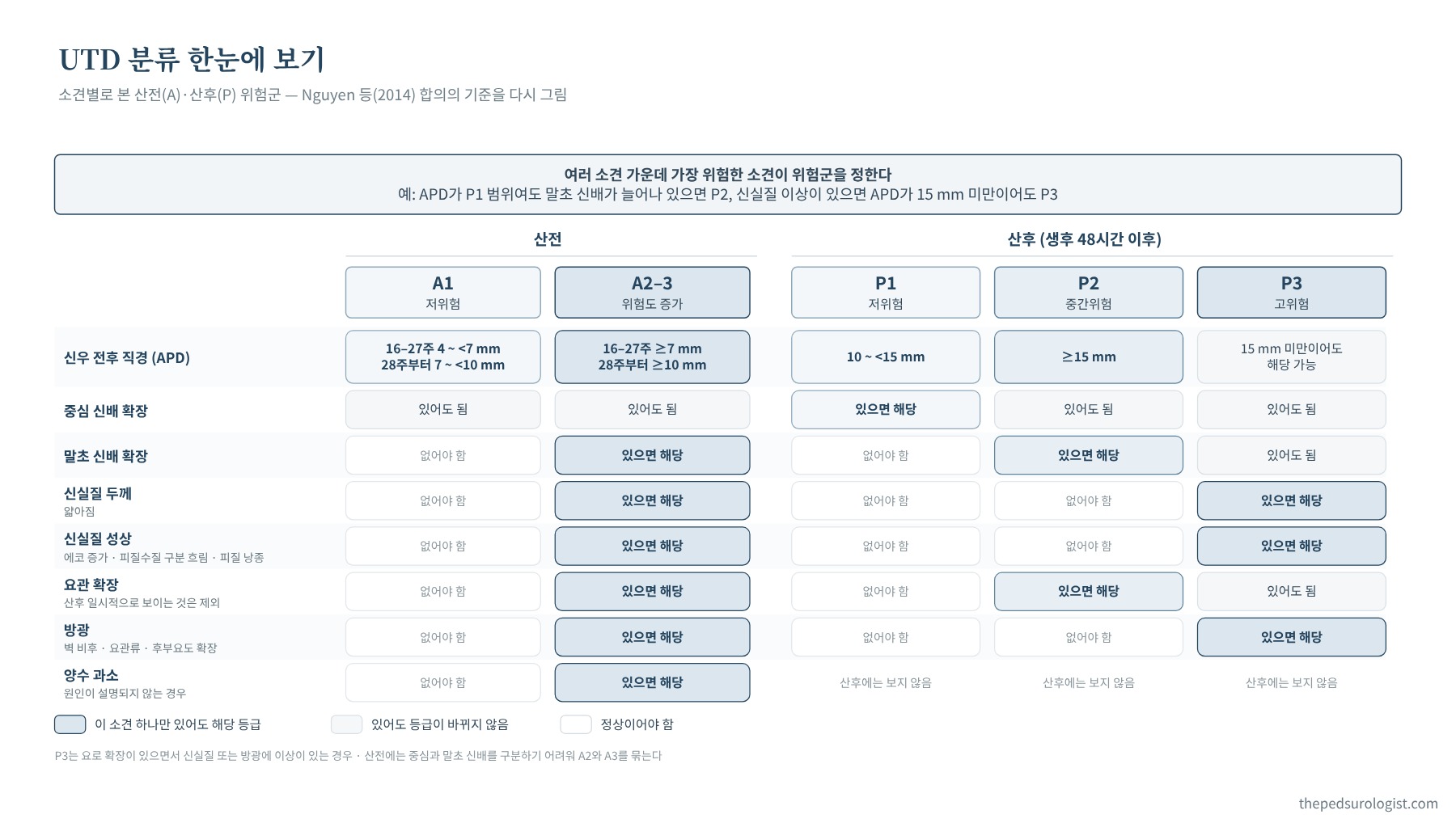 UTD 분류를 소견별 격자로 정리한 그림. 산전 A1과 A2–3, 산후 P1, P2, P3 다섯 위험군에 대해 신우 전후 직경, 중심 신배 확장, 말초 신배 확장, 신실질 두께, 신실질 성상, 요관 확장, 방광, 양수 과소의 기준을 표시
