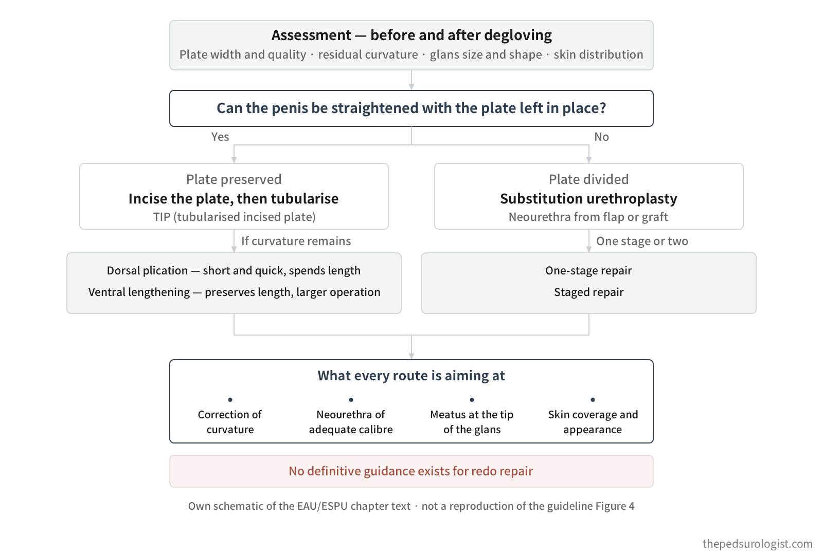 Schematic of technique selection in hypospadias — assessment before and after degloving leads to a single question, whether the penis can be straightened with the plate left in place. A yes leads to plate preservation and tubularised incised plate repair; a no leads to division of the plate and substitution urethroplasty. Residual curvature is then corrected by dorsal plication or ventral lengthening, and a divided plate is repaired in one stage or two. Every route converges on four objectives: correction of curvature, a neourethra of adequate calibre, a meatus at the tip of the glans, and skin coverage. No definitive guidance exists for redo repair