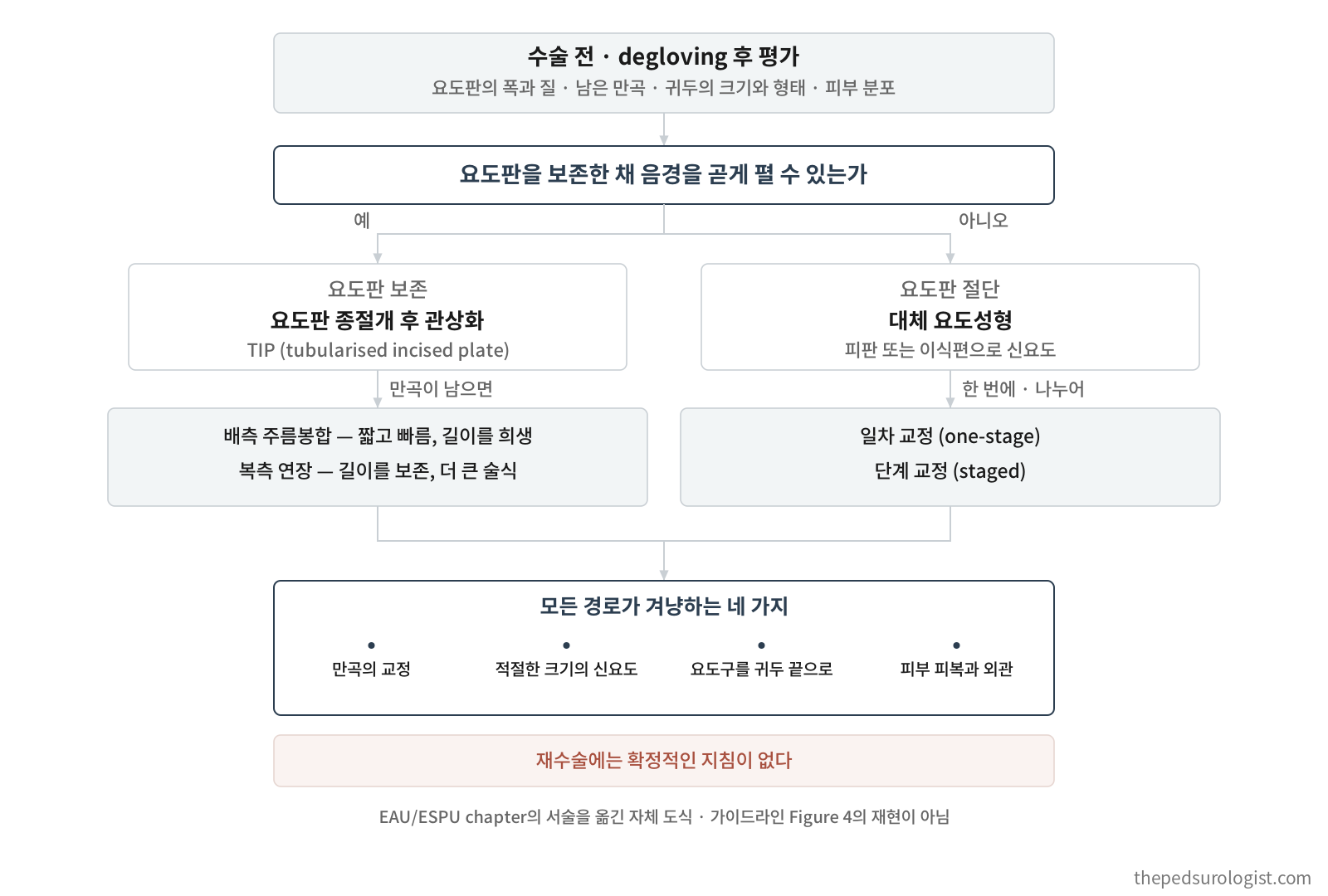 요도하열 술식 결정 도식 — 수술 전과 degloving 후 평가에서 시작해 요도판을 보존한 채 음경을 곧게 펼 수 있는지를 묻고, 보존 경로(요도판 종절개 후 관상화, TIP)와 절단 경로(대체 요도성형)로 갈린다. 보존 경로에서 만곡이 남으면 배측 주름봉합과 복측 연장 중에서, 절단 경로에서는 일차 교정과 단계 교정 중에서 고른다. 모든 경로가 만곡 교정, 적절한 크기의 신요도, 귀두 끝의 요도구, 피부 피복이라는 네 목표로 수렴하며, 재수술에는 확정적인 지침이 없다